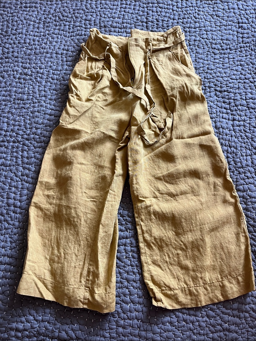 Organic Linen Wide-Leg Cropped Linen Blend Pants in yellow gold